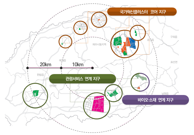 제주도 지도 | 국가혁신클러스터 코어지구, 관광서비스 연계지구, 바이오·소재 연계지구 위치